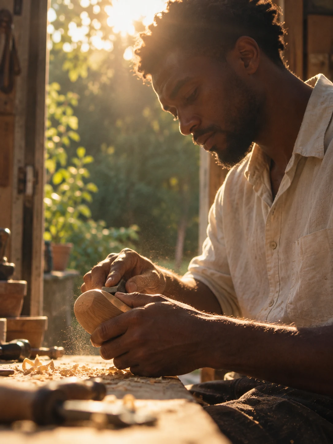 Illustrative designer shaping a wooden prototype in warm window light