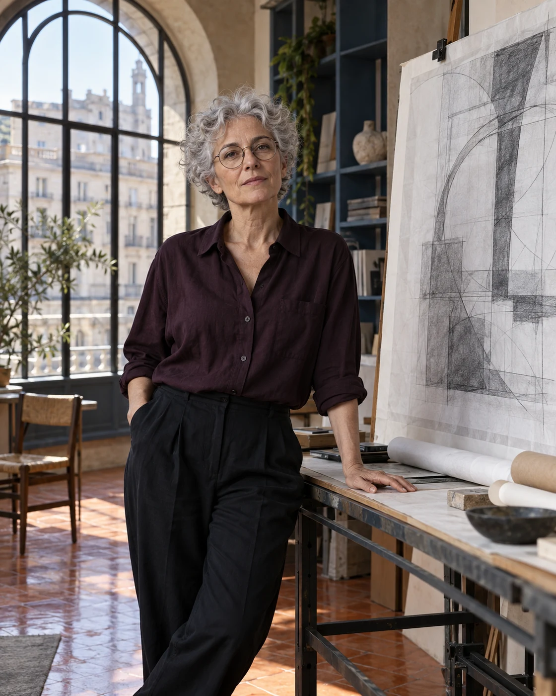 Illustrative architect beside her drawing in a light-filled atelier