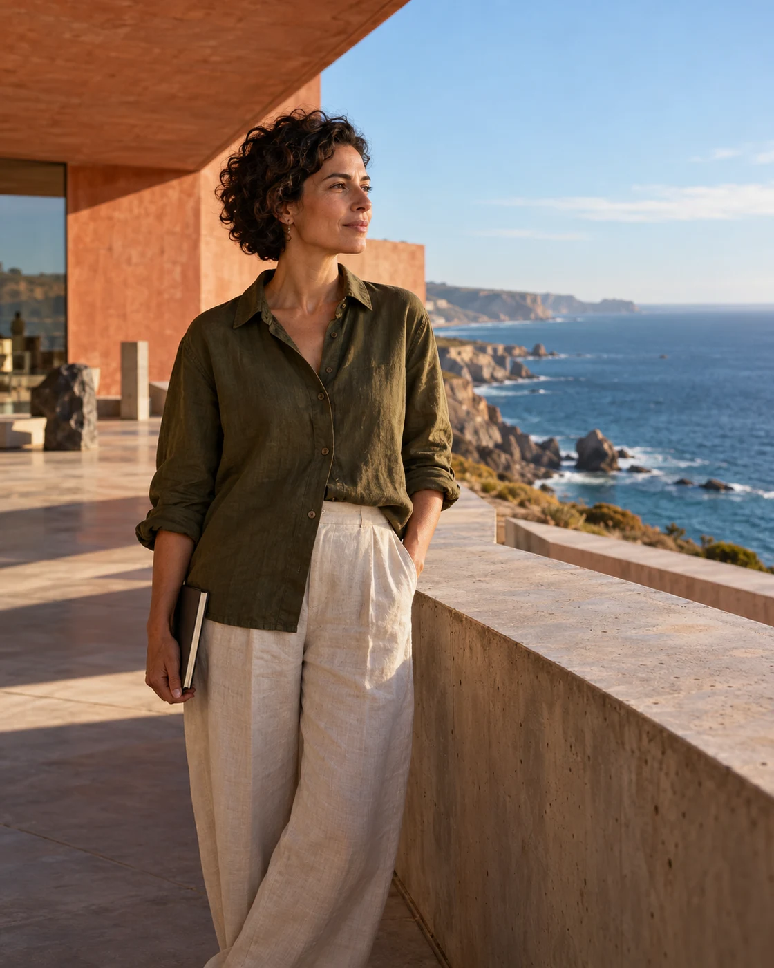 Illustrative leader with a notebook on a coastal balcony