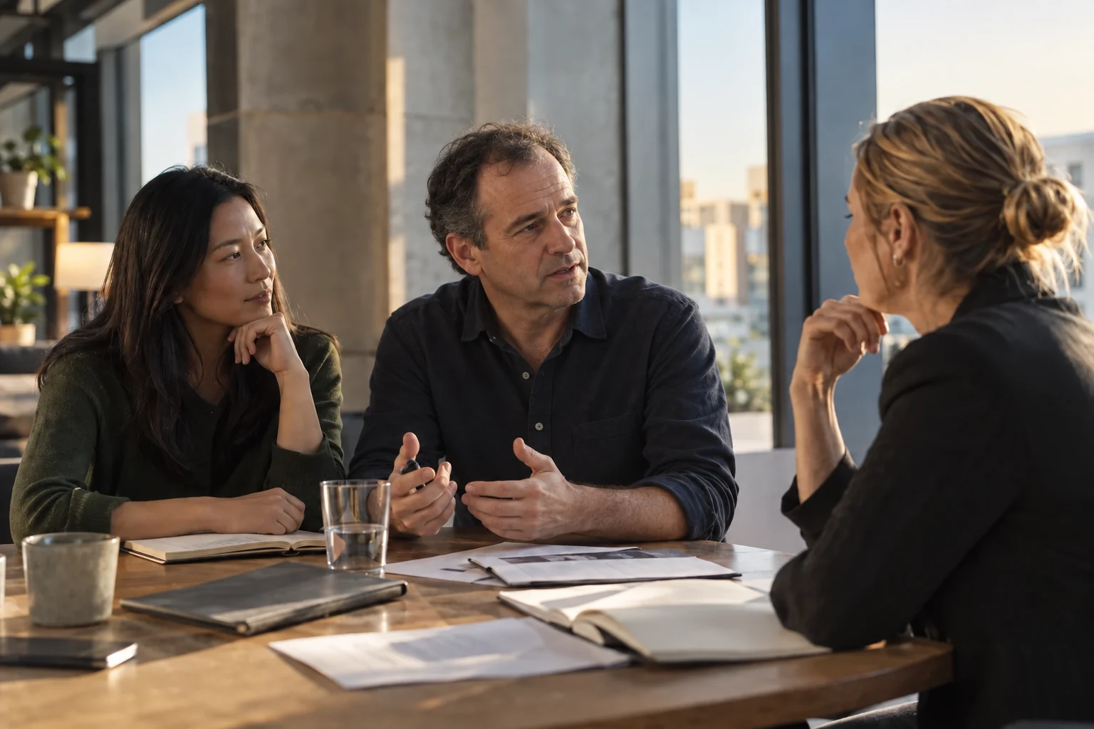 Illustrative mixed-gender team discussing ideas in a sunlit office