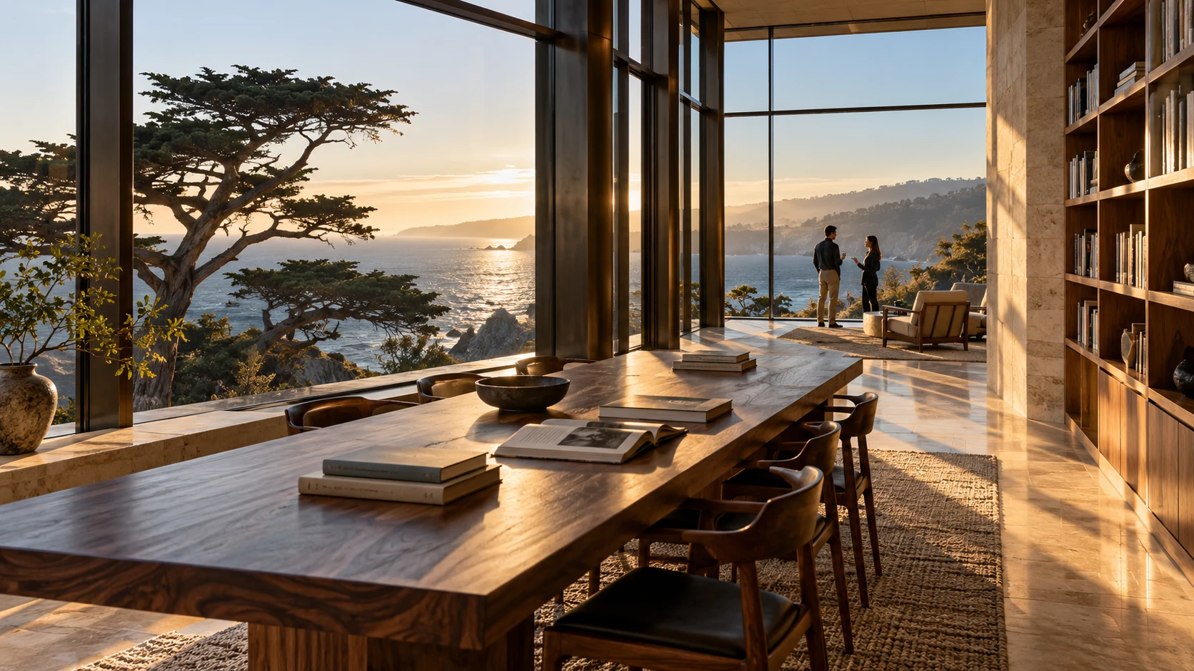Imagined coastal reading room opening onto the ocean, with two people in conversation